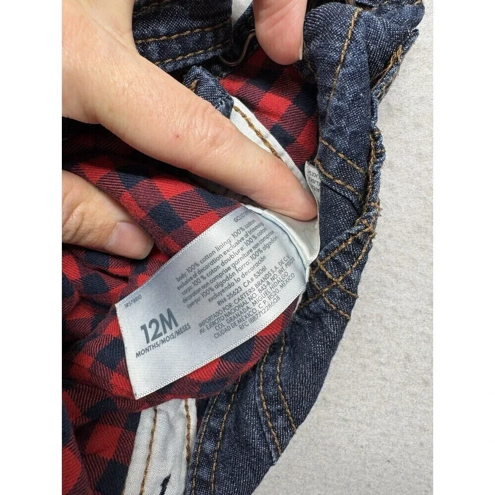 Oshkosh B’Gosh Vestbak Flannel Lined Buffalo Plaid Jean Denim Overalls 12 Months